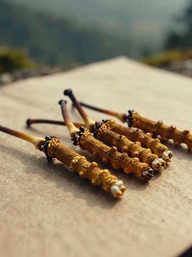 Close-up of whole, raw cordyceps lying on textured handmade Bhutanese paper, warm golden hour light, documentary style, 35mm lens.