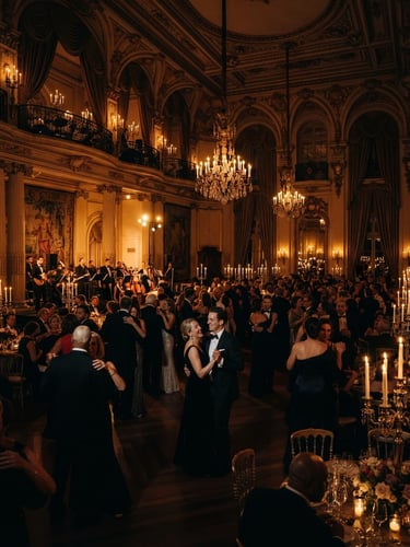 Cinematic wide-angle photography of a grand ballroom in Malabo, dramatic low-key lighting, warm golden candle glow, rich textures, 35mm