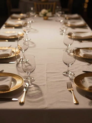 Cinematic wide-angle environmental shot of an immaculate state gala table setting, rich textures, golden accents, shallow depth of field, high-contrast shadows