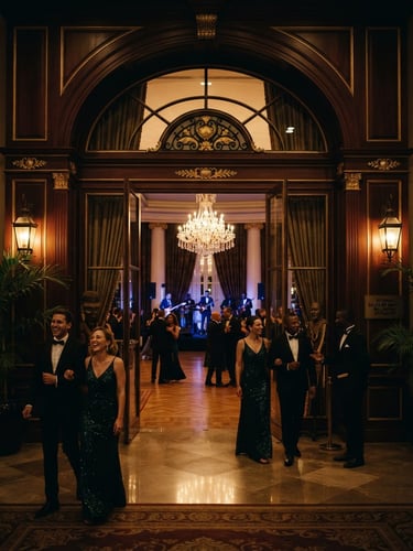 Cinematic luxury photography of a grand ballroom entrance in Malabo, dramatic low-key lighting, warm golden highlights, rich textures, 35mm