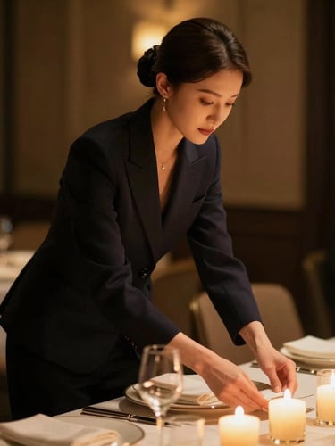 Cinematic luxury portrait of an elegant event coordinator in a dark tailored suit adjusting a formal table setting, warm candlelight glow, shallow depth of field, 35mm