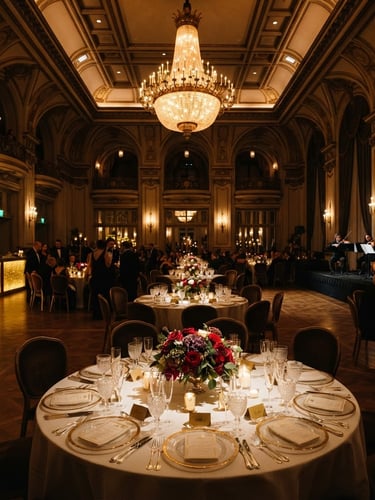 Cinematic wide-angle environmental shot of a grand ballroom setup with dramatic low-key lighting, warm golden highlights, and immaculate table settings, 35mm lens.