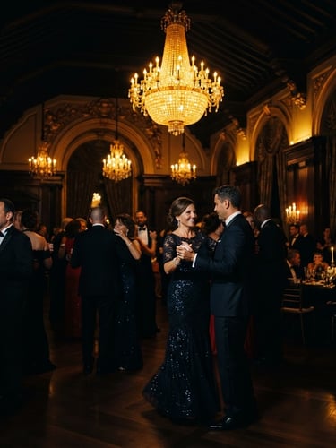 Cinematic luxury photography, dramatic low-key lighting, a grand ballroom setting in Malabo with warm golden chandeliers, deep shadows, 35mm