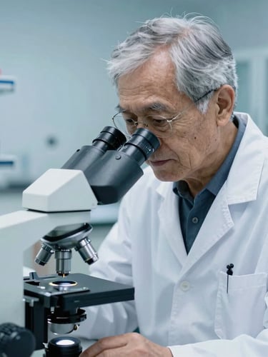 Portrait of a senior aquaculture scientist looking through a microscope in a sterile laboratory, clean white coat, cool blue background