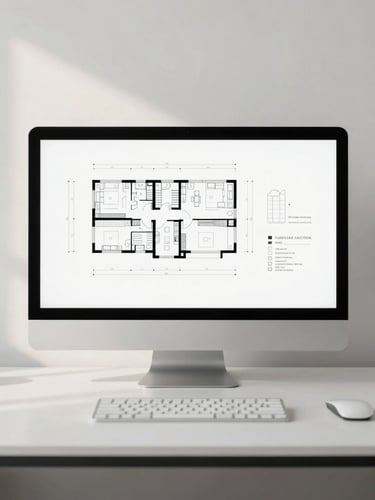 High-end minimal office workspace with large display showing architectural schematics, soft natural light, clean lines, 35mm