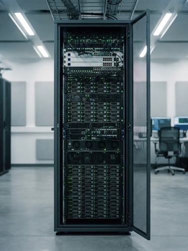 Minimalist clean server rack with glowing emerald green indicators, high-end tech laboratory, soft cool lighting, 35mm