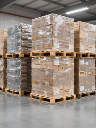 Wide panoramic shot of a modern, highly organized, clean temperature-controlled warehouse with neatly stacked wooden pallets of premium goods, soft industrial lighting