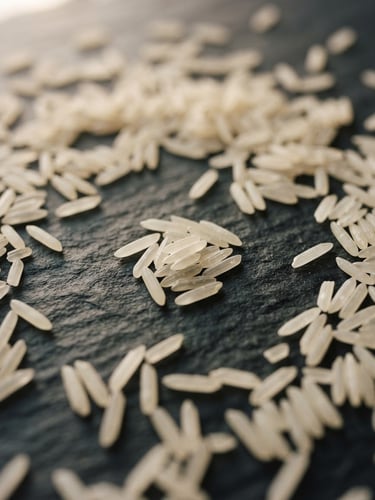 Macro product shot of premium raw basmati rice grains scattered on a dark slate surface, warm natural window light, minimalist composition, high-end editorial, 35mm