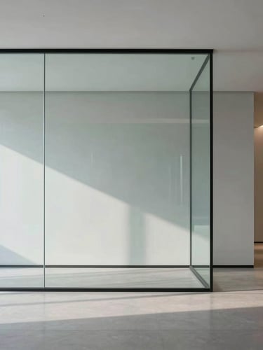 Minimalist high-end corporate office interior in New Delhi, clean glass partitions, soft cool-toned architectural shadows, professional atmosphere, 35mm photography