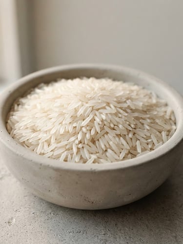 Macro photograph of polished organic basmati rice grains in a minimalist concrete bowl, warm natural window light, clean neutral background, 35mm