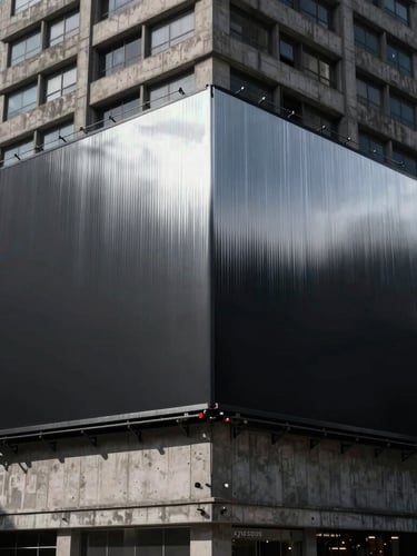 Wide panoramic view of a massive black billboard on a brutalist concrete building, dramatic low-key lighting, cold silver reflections, perfectly symmetrical framing.