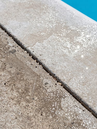 Extreme close-up of a sharp cleaning line on a weathered concrete pool deck, bright Florida sunlight, sparkling wet cleaned surface next to dark moldy uncleaned surface, 35mm