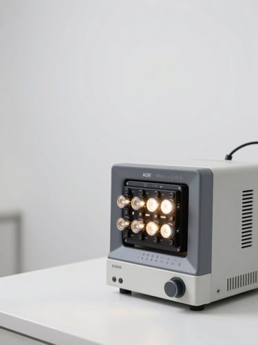 Studio-lit AGRI EEG device unit on a clean white clinical surface, right-edge composition with generous white space to the left, controlled strobe lighting highlighting precision electrode array connectors and monitor interface, stark medical-grade aesthetic, no people visible