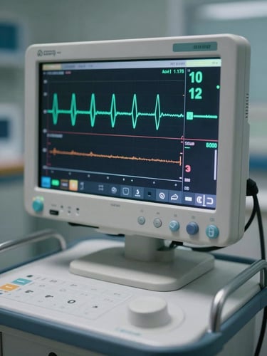 Close-up of a clinical monitor screen showing a live EEG waveform readout with a bold numerical index score displayed in teal on a dark interface, positioned on a hospital monitoring cart, cool clinical lighting, no people present