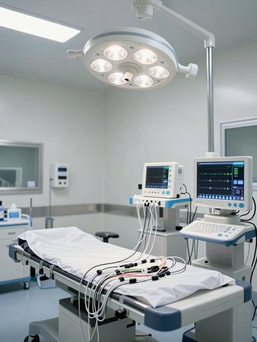 Wide shot of a modern anesthesia suite, sterile overhead lighting illuminating monitoring equipment and EEG leads arrayed on a clinical workstation, no patients or clinicians visible, stark white and steel surfaces, teal data readout visible on a monitor screen to the right