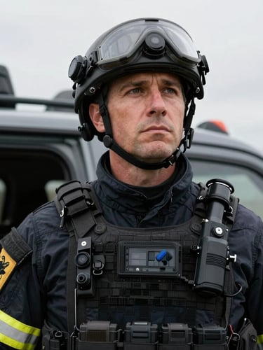 Close-up portrait of a veteran emergency director in tactical gear, focused expression, in a mobile command unit, high-contrast overcast daylight, muted charcoal and safety amber tones, sharp focus, 35mm