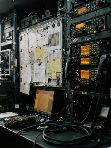 Close-up of tactical planning boards and communication gear inside an emergency mobile command unit, glowing amber screens, muted charcoal tones, sharp focus, 35mm