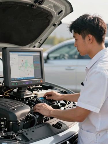 Immaculate LTH technician in a crisp uniform operating a modern digital diagnostic scanner on a premium car engine bay under clear morning light.