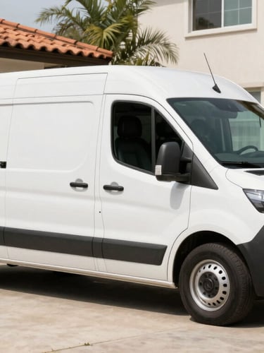 Wide panoramic shot of a clean, branded LTH service vehicle parked in an upscale residential driveway in San Pedro Garza García, a technician in a crisp uniform holding a digital diagnostic scanner, bright daylight