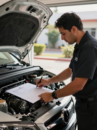 Vista en plano medio de un técnico certificado con uniforme impecable utilizando un escáner digital de precisión sobre el motor limpio de un automóvil premium en una cochera residencial de San Pedro Garza García, luz natural brillante de mañana.