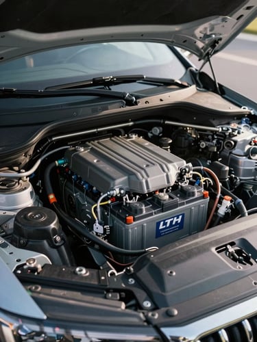 Portrait framing of a pristine, newly installed LTH battery under a clean engine bay of a modern executive sedan, bright natural morning light, high contrast