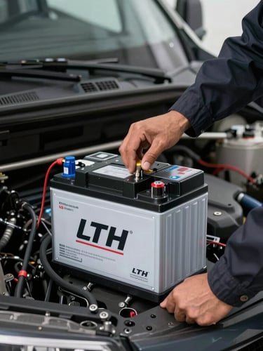 Close-up of a pristine new LTH battery being installed in a modern delivery van under a clean engine bay, operated by a technician wearing a spotless uniform.