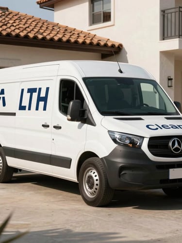 Clean branded LTH service vehicle parked in an upscale residential driveway in San Pedro Garza Garcia, bright morning light, professional framing