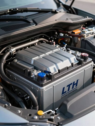 Close-up of a pristine, newly installed LTH battery under a clean luxury car engine bay, bright daylight, professional composition.