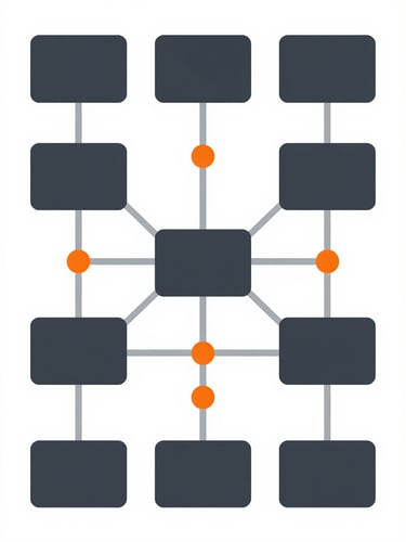 Flat orthographic vector diagram of interconnected nodes representing a technical squad, slate and safety orange accents, sharp lines, clean white background