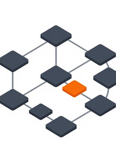 Flat vector illustration of a modular technical system diagram, clean data flows connecting node blocks, slate and safety orange accents, sharp lines, isometric angle