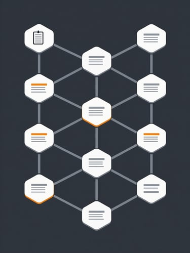 Flat isometric technical diagram of structured professional milestones, interconnected nodes representing skill mastery, slate and safety orange accents