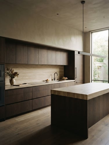 Wide-angle architectural photography of a minimalist luxury kitchen with dark oak cabinets and travertine countertops, soft natural side-lighting, 35mm
