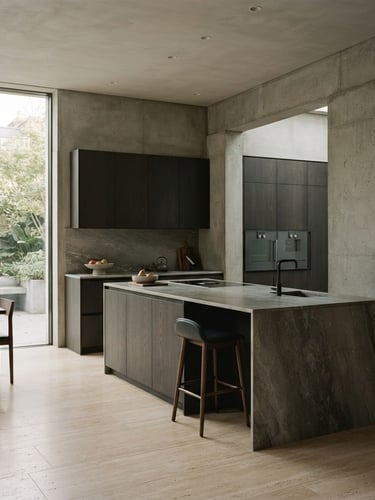 Architectural photography of a high-end minimalist kitchen, custom dark oak cabinetry integrated seamlessly into concrete walls, soft natural side-light from a large window, warm travertine floor, 35mm