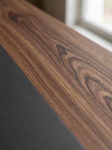 Macro close-up of premium walnut wood veneer showing fine grain textures, adjacent to a smooth matte charcoal lacquer surface, soft natural side lighting, 35mm