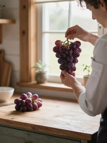 Candid behind-the-scenes shot of a chef in a cozy Scandinavian-style kitchen examining a bunch of deep purple grapes, soft natural window light, rustic wooden interior.