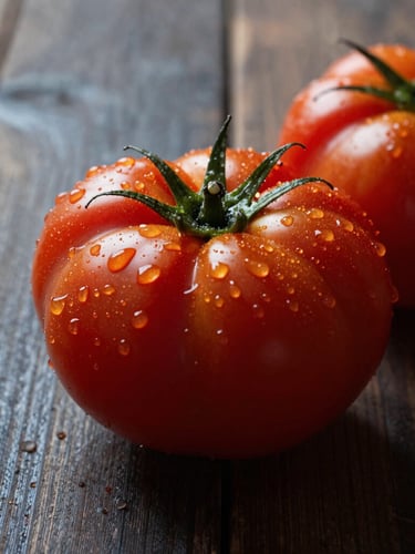 Close-up macro of vibrant heirloom tomatoes glistening with morning dew on a dark rustic wooden table, soft natural side lighting, deep dramatic shadows, editorial food photography style.