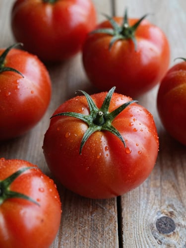 Tight macro shot of glistening, deep red heirloom tomatoes on a rustic wooden table, soft natural daylight, deep shadows, rich saturated tones, 35mm lens