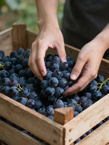 Hands sorting freshly harvested dark grapes in a rustic wooden crate, soft natural light, moody shadows, authentic agricultural details, 35mm lens