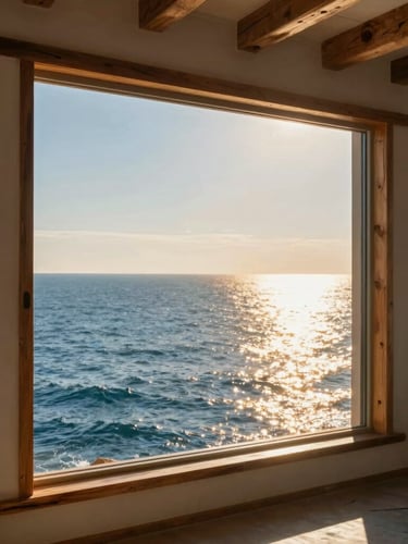 Wide-angle eye-level perspective of a sun-drenched loft window framing a calm blue ocean, golden hour sunlight reflecting on the water, rustic wood details.