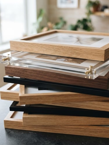 Clean studio photography, bright natural window light, close-up of finished wooden and acrylic photo frames stacked neatly on a dark counter, sharp focus on textures.
