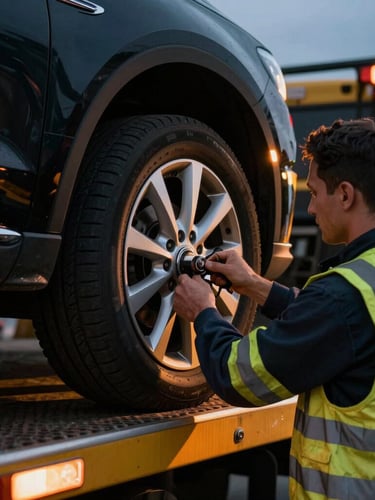 Close-up of a professional operator in high-visibility safety gear securing a car wheel onto a flatbed tow truck, daylight