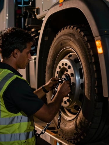 Close-up of professional tow truck driver in high-visibility safety vest securing steel chains to a vehicle wheel, dramatic night lighting, sharp focus