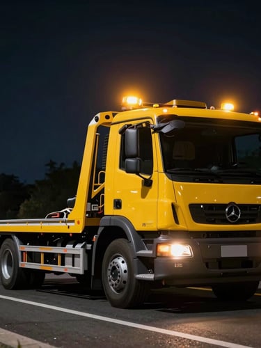 Low-angle dynamic shot of a modern yellow flatbed tow truck on a highway at night, amber emergency lights flashing, sharp details, 35mm lens