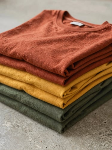 A neat stack of folded cotton t-shirts in rich tones of terracotta, mustard yellow, and olive green, sitting on a raw concrete surface under soft daylight