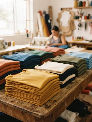 Warm editorial photography, soft natural daylight, neat stacks of colorful folded t-shirts on a wooden counter inside a bright Brazilian apparel workshop, shallow depth of field, 35mm