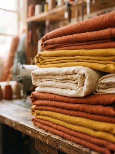 Warm daylight close-up of folded cotton fabrics in terracotta, mustard, and soft cream, stacked neatly in a sunlit Brazilian sewing atelier, 35mm photography
