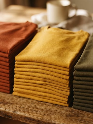 Close-up of neatly folded stacks of t-shirts in terracotta, mustard, and olive green cotton fabric, soft natural daylight, warm shadows, 35mm photography
