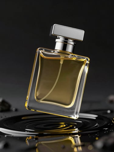 A hyper-stylized, high-fashion commercial render of a surreal chrome metallic perfume bottle floating in a dark, liquid void with sharp yellow rim lighting