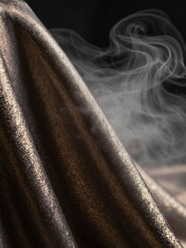 Extreme close-up macro shot of a surreal, high-fashion metallic fabric texture under sharp rim lighting, volumetric fog, pitch-black background, cinematic synthetic still.