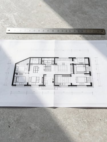 Bright architectural blueprint on a concrete desk with a parallel ruler, high-exposure natural morning light, clean symmetrical composition